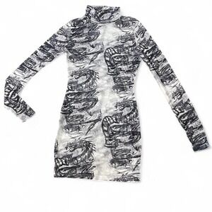 Black and white dragon print mesh dress with turtleneck
